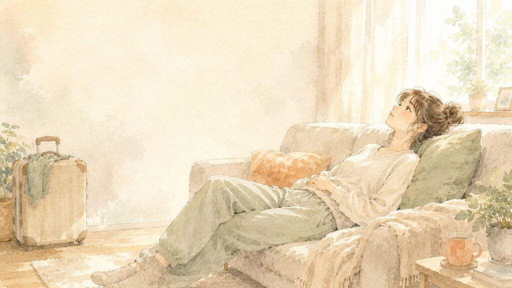 旅行から帰った翌日、ソファで動けずにいる繊細さん（HSP）女性の水彩イラスト