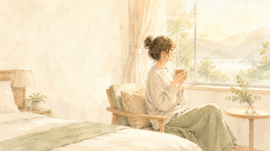 旅先の朝、窓辺で一人の時間を過ごしてほっとしている繊細さんの女性の水彩イラスト