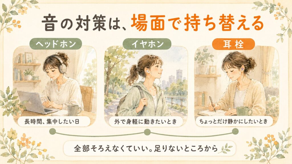 音の対策3種（ヘッドホン・イヤホン・耳栓）を場面で使い分けることをまとめた水彩の図解