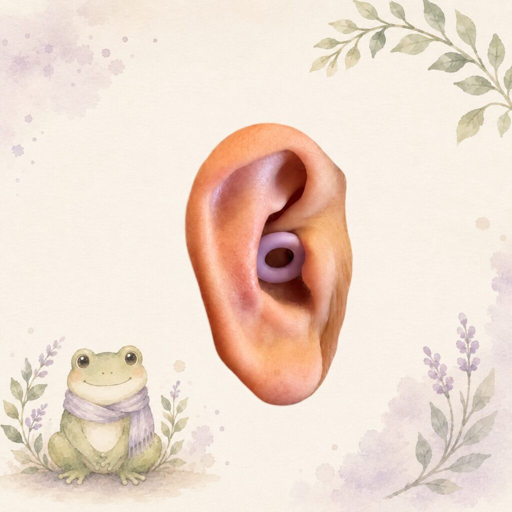 耳に装着した状態（トリミング済み）とカエルのイラスト