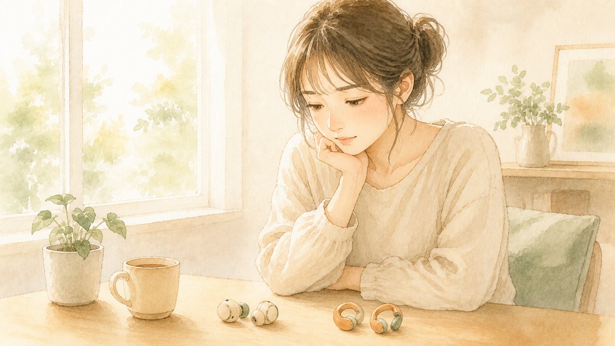 外用と家用のイヤホンを並べてどちらを使うか選んでいる繊細さん（HSP）の水彩イラスト