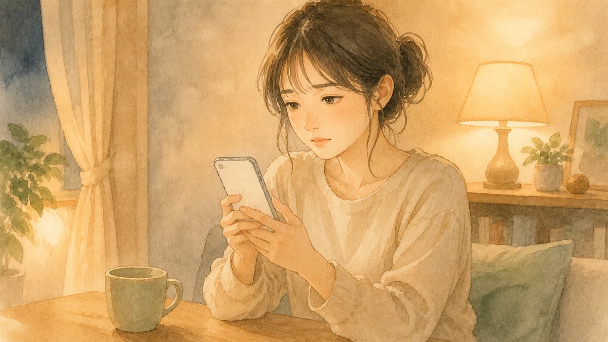 夜の部屋でイヤホンを買おうか迷っている繊細さん（HSP）の水彩イラスト