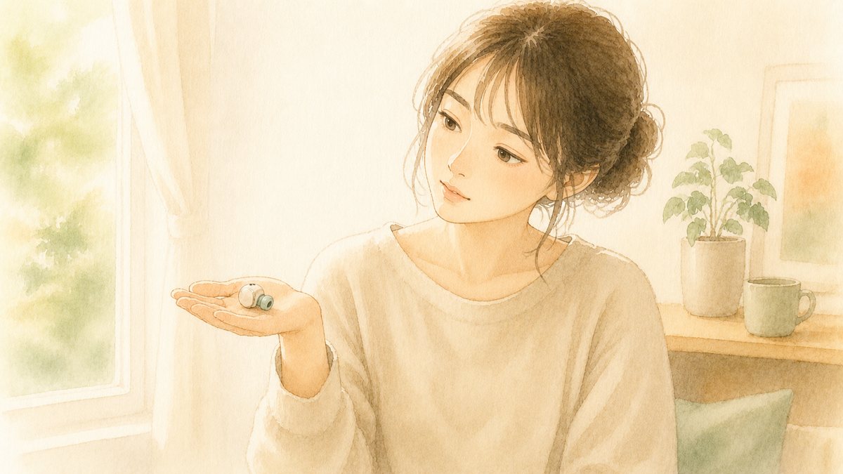 イヤホンを手に持って選び方に迷っている繊細さん（HSP）の水彩イラスト