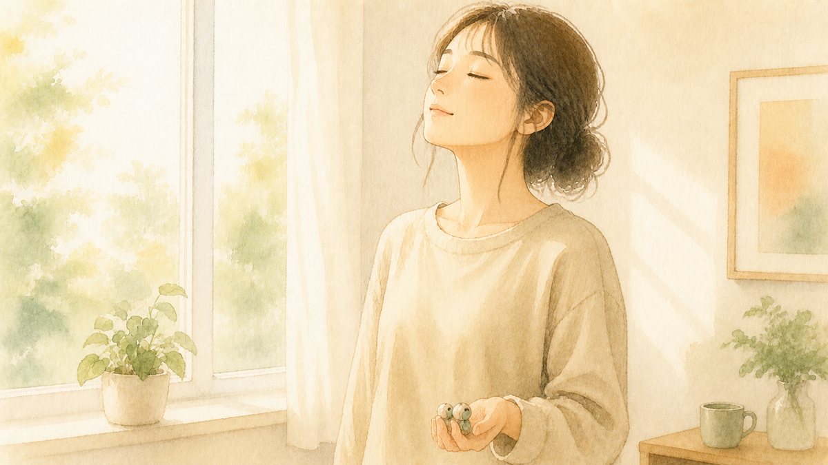 イヤホンを外して窓辺で深呼吸している繊細さん（HSP）の水彩イラスト