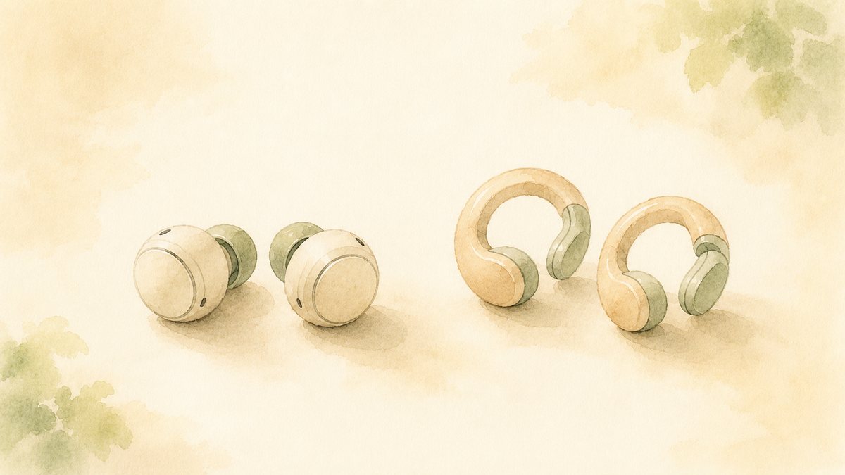 耳をふさぐカナル型と、耳たぶに挟むイヤーカフ型のイヤホンを並べた水彩イラスト