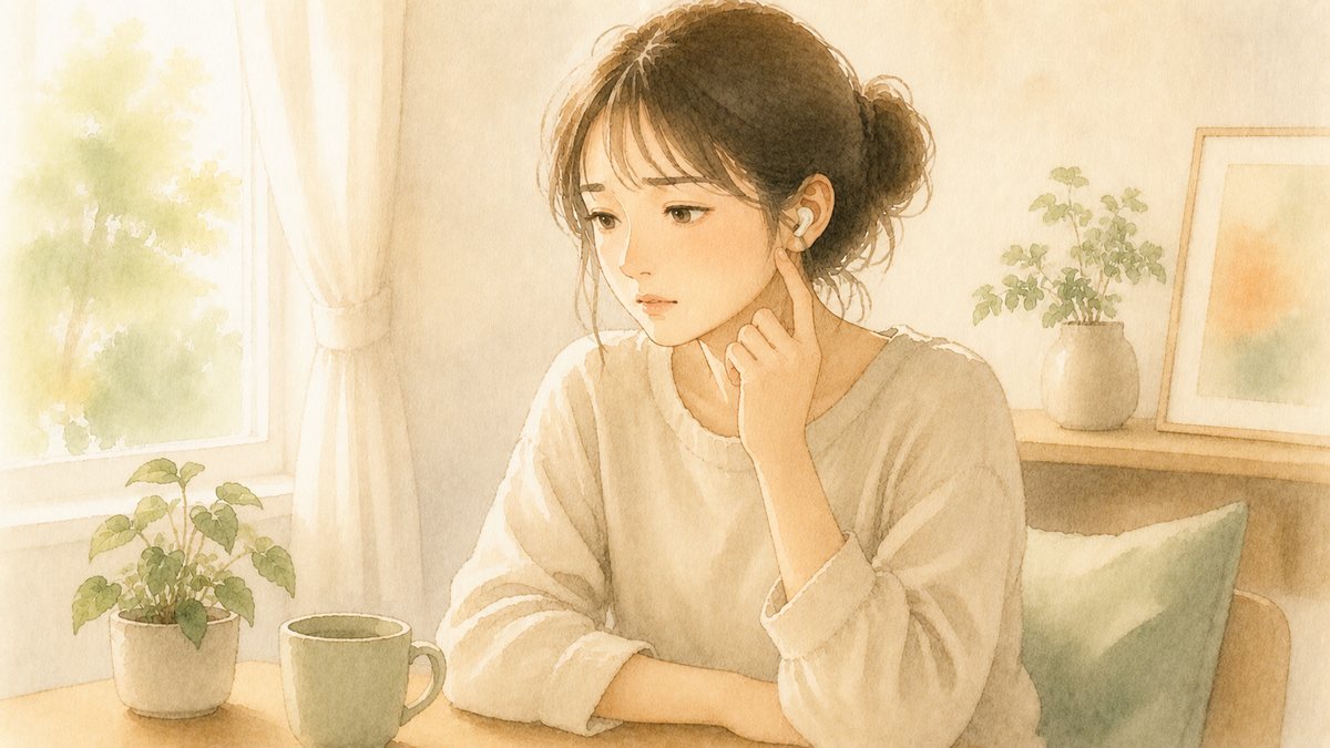 イヤホンをつけているのに耳が気になって落ち着かない繊細さん（HSP）の水彩イラスト