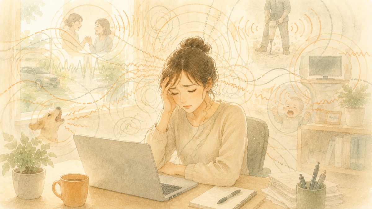 キーボードの音や咀嚼音などが同時に押し寄せて疲れている女性の水彩イラスト