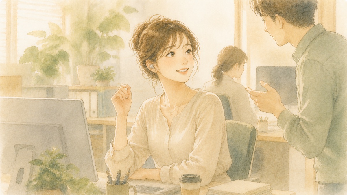 耳をふさがないイヤホンをつけたまま、呼びかけに気づいて振り向く女性の水彩イラスト