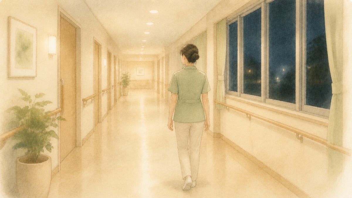 夜勤で明るい施設の廊下を落ち着いた足取りで歩く介護職員の水彩イラスト