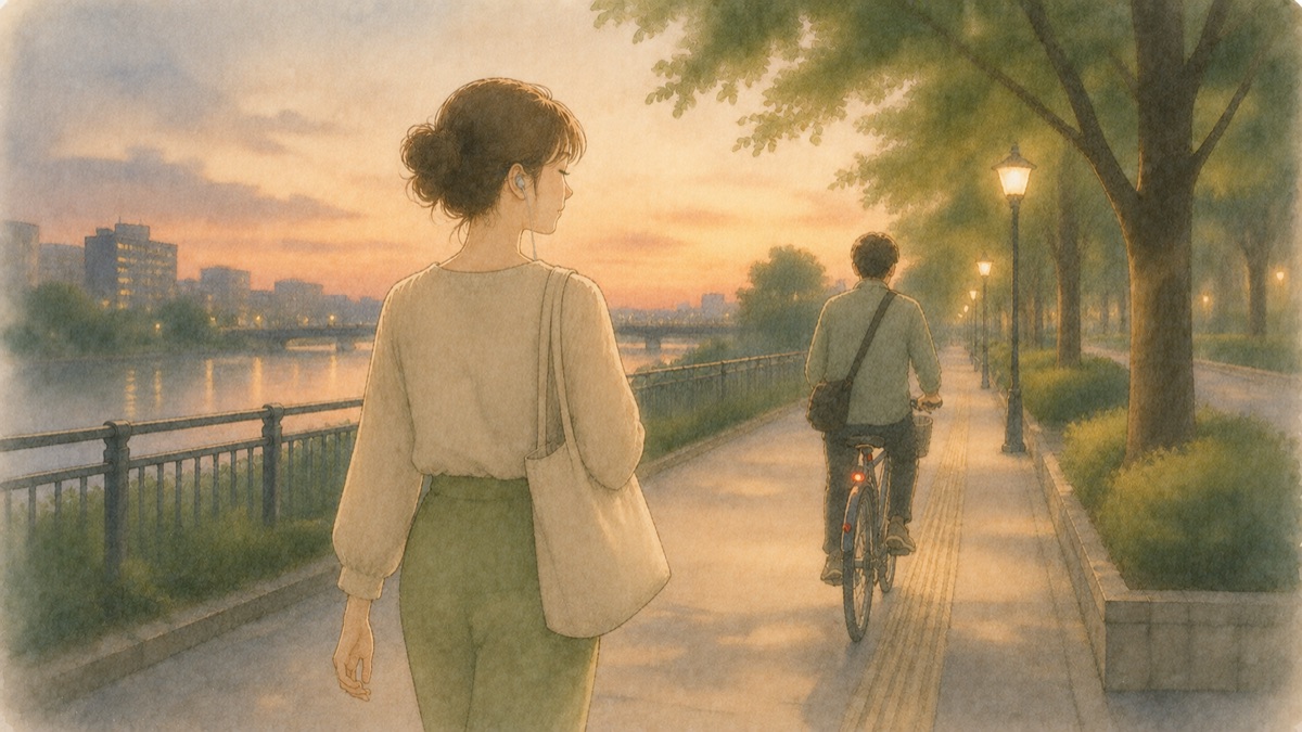 夕方の歩道で、後ろから来た自転車が通り過ぎたあとに気づく様子の水彩イラスト