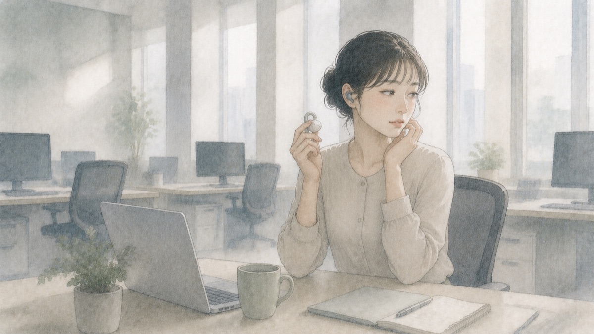 静かなオフィスでイヤホンを片方外し、まわりを気にしている女性の水彩イラスト