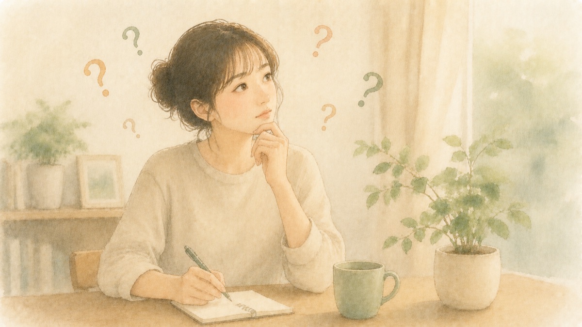 ノートに書き出しながら疑問を整理している女性の水彩イラスト