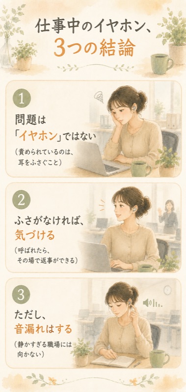 仕事中のイヤホン3つの結論をまとめた縦長の水彩インフォグラフィック