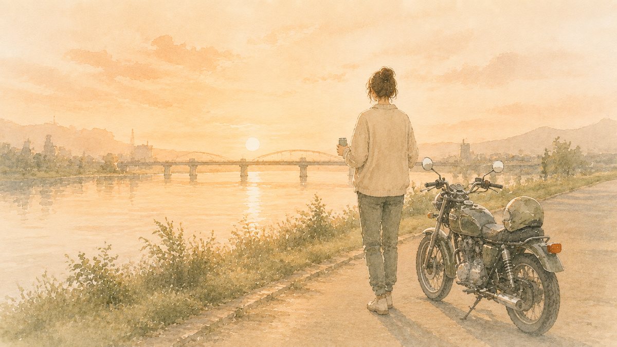 帰り道に川沿いで音のない時間を作っている場面のイラスト