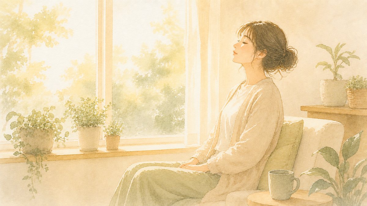 音を減らして肩の力が抜けた繊細さんが深呼吸しているイラスト